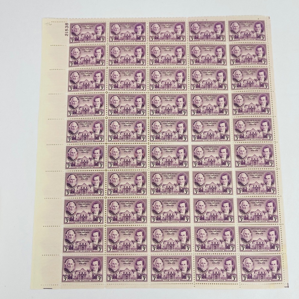 1936 Texas Centennial The Alamo 3c US Postage Stamp Full Sheet 50 Mint 21538